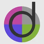 Image is a circle with a small case "d" in the middle of split colored pie shapes with color scheme in purple, gray, blue and green.