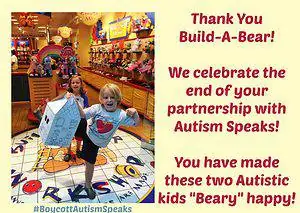Image text reads: Thank you Build-A-Bear! We celebrate the end of your partnership with Autism Speaks! You have made these two Autistic kids "Beary" happy! #BoycottAutismSpeaks