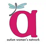 Image is a large magenta lowercase letter "a" with a perching spoon-shaped dragonfly, gray with blue wings. Below the letter is the text "autism women's network" in dark gray.