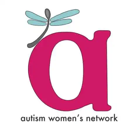 Image is a large magenta lowercase letter "a" with a perching spoon-shaped dragonfly, gray with blue wings. Below the letter is the text "autism women's network" in dark gray.