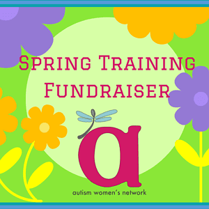 Lime green backgroud with large purple and orange flowers and the word "Spring Training Fundraiser" in magneta, with the AWN logo in the middle along the bottom (being a lowercase letter 'a' in magneta with a dragonfly on the upper left side whose body is a gray spoon and has light aqua blue wings, with the words, "autism women's network" written underneath). 