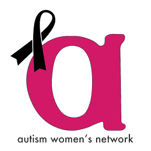 Image is the AWN logo, a lower case pink “a” with a black ribbon perched on the upper left side, and the words, “autism women’s network” below the image.