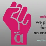 Text reads: "united against hate we pledge to work for justice and an end to oppression" awnnetwork.org (Image is a fist with an impression of the AWN logo centered bottom.)