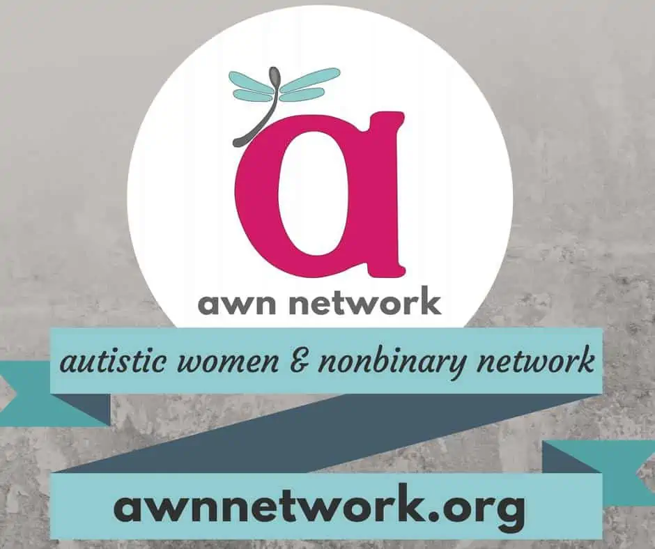 Image description: AWN logo with "awn network" underneath, in a white circular cutout. Below that is a blue banner with the text "autistic women & nonbinary network / awnnetwork.org" and background is mottled gray.