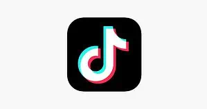 Image is the TikTok logo which is a white music note set on a black background