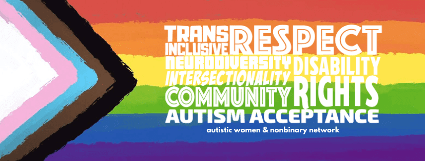  Image is the AWN word cloud over a Pride flag rendered in paintbrush texture.