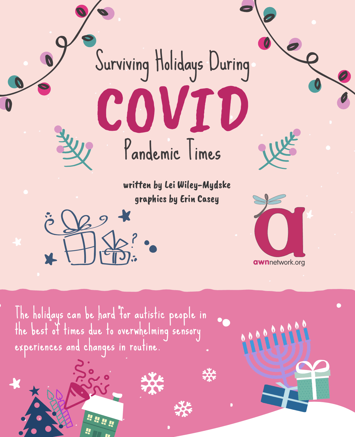 Surviving Holidays During COVID Pandemic Times, written by Lei Wiley-Mydske graphics by Erin Casey. The holidays can be hard for autistic people in the best of times due to overwhelming sensory experience and changes in routine.