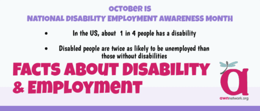 text is in pink, purple, black and teal and reads: October is NATIONAL DISABILITY EMPLOYMENT AWARENESS MONTH In the US, about 1 in 4 people has a disability Disabled people are twice as likely to be unemployed than those without disabilities