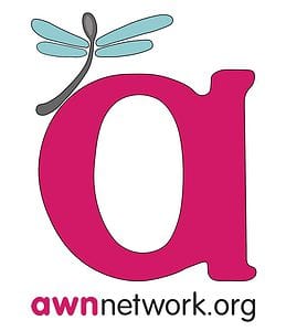 Image is AWN's logo. A magenta lower case "a" with a teal winged spoonie shaped dragonfly arched on the upper left side of the letter "a". Centered underneath the "a" is AWN's URL "awnnetwork.org"