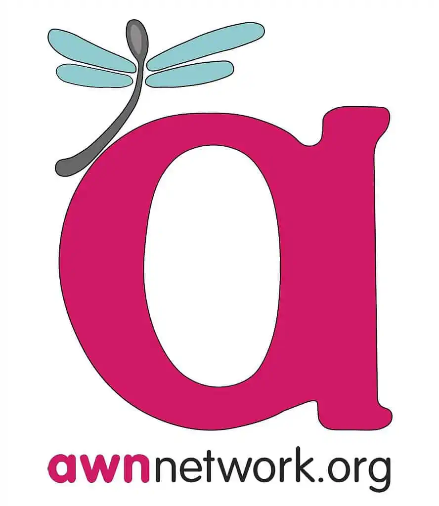Image is AWN's logo. A magenta lower case "a" with a teal winged spoonie shaped dragonfly arched on the upper left side of the letter "a". Centered underneath the "a" is AWN's URL "awnnetwork.org"