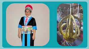 A teal and light teal background with two photos. Photo on the left is Nancy dressed in Hmong clothes. Photo on the right is a golden paper flower statue that Nancy made for her first Hmong shaman altar.