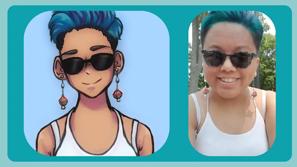 A teal and light teal background with two pictures. Picture on the right is Nancy in short teal and black hair with sunglasses and Hmong dangling earrings. Picture on the left is a drawing of the picture on the right, drawn by Nancy's sibling.