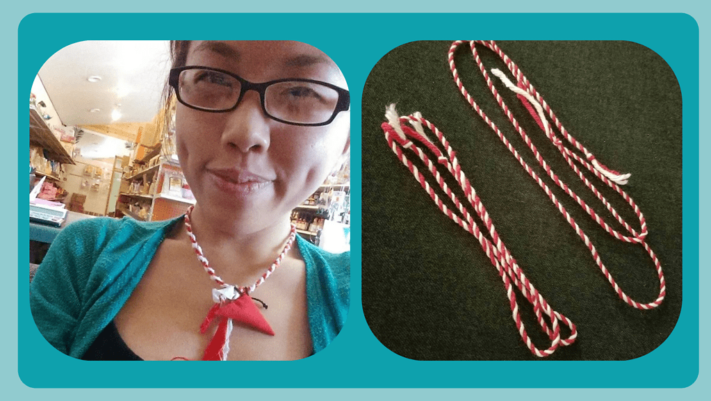 A teal and light teal background with two photos. Photo on the right is of two red and white strings that Nancy made to tie on people for protection. Photo on the left is of Nancy wearing a red and white string around their neck that someone tied onto them for protection. Nancy's red and white string also has a triangle pouch with herbs in it to enhance protection.