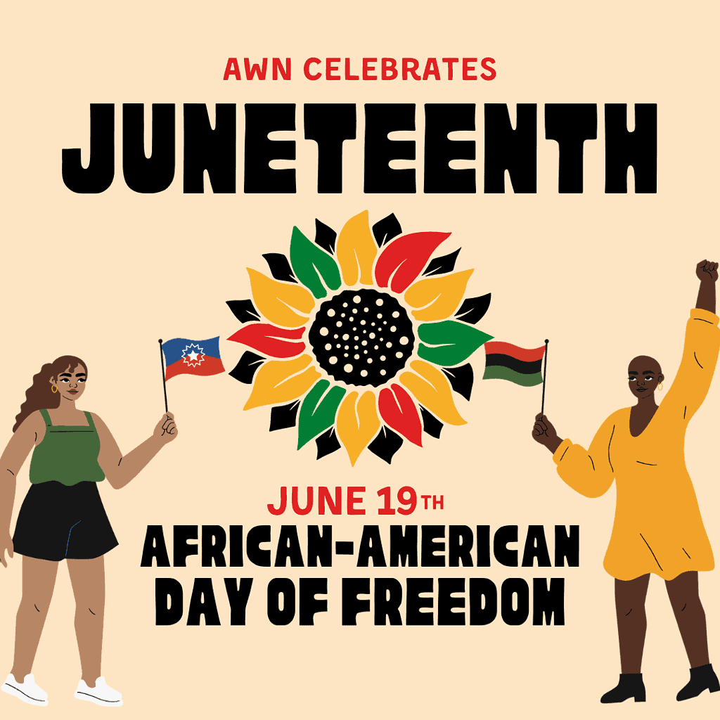 Juneteenth African-American Day of Freedom. Two black people hold up the Juneteenth flag and the pan-African flag. There is a sunflower in the middle in Pan-African colors
