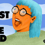Podcast show art for The Loudest Girl in the World podcast. Includes drawing of a blue-haired, open mouth woman with glasses and logos for Pushkin Industries and iHeart Media.