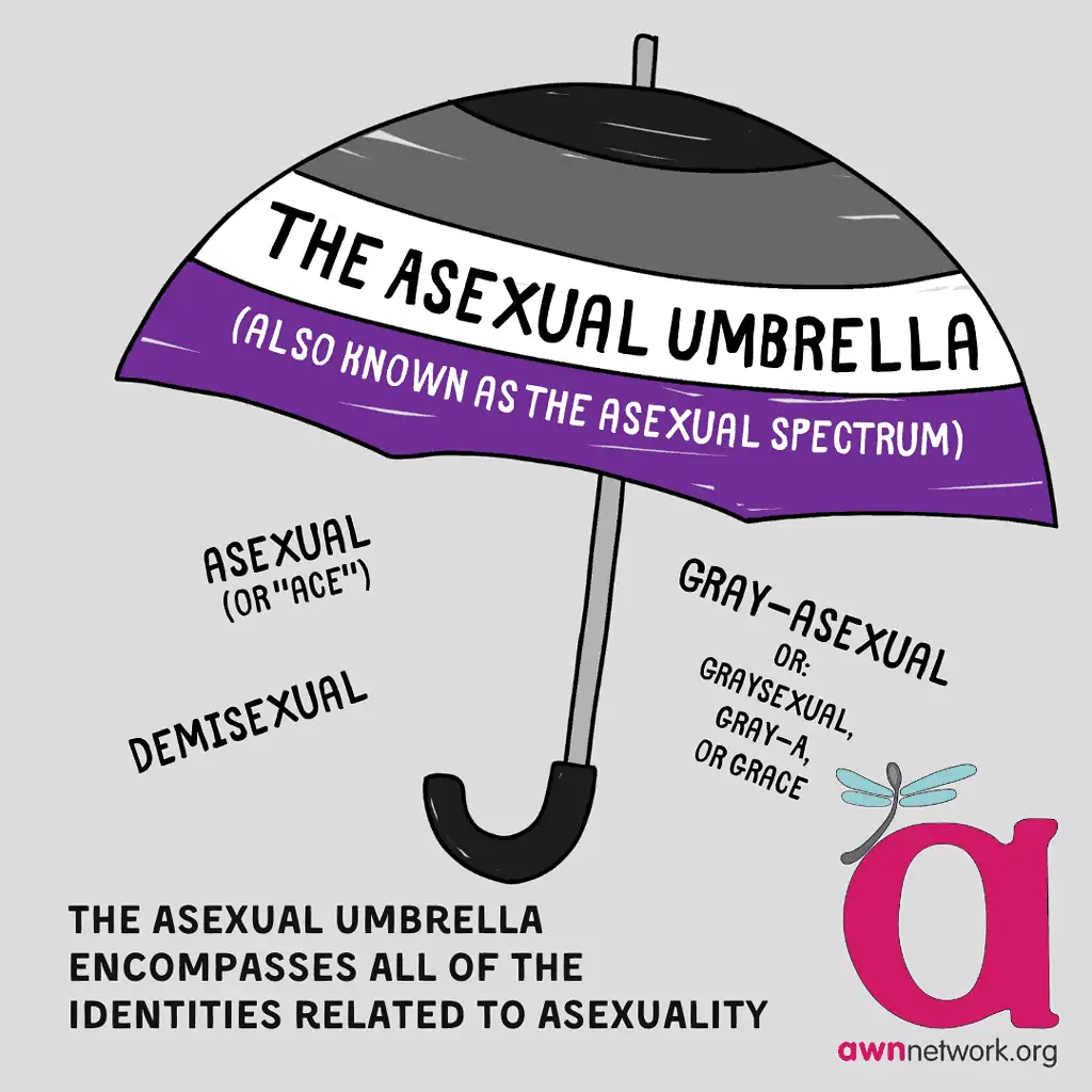 Illustration and dark text against a pale grey background. A drawing of an umbrella, opened with a grey handle. The umbrella has Ace pride flag colors-black, grey, white and purple.
Text reads:
“The Asexual Umbrella (also known as the asexual spectrum) asexual (or "ace"), demisexual, gray-asexual or: graysexual, gray-a, or grace. The asexual umbrella encompasses all of the identities related to asexuality.”
In the lower right hand corner is the awn logo: a large pink “a” with a teal spoonie dragonfly, above our website awnnetwork.org.  