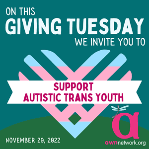 Illustration and text against an aqua and green background: White text reads: “On this Giving Tuesday we invite you to- At center is a heart in the colors of the trans flag (blue, pink and white) with a white banner across that reads: “SUPPORT AUTISTIC TRANS YOUTH” November 29, 2022 In the lower right hand corner is the awn logo: a large, hot pink “a” with a spoonie dragonfly on it and our website: awnnetwork.org