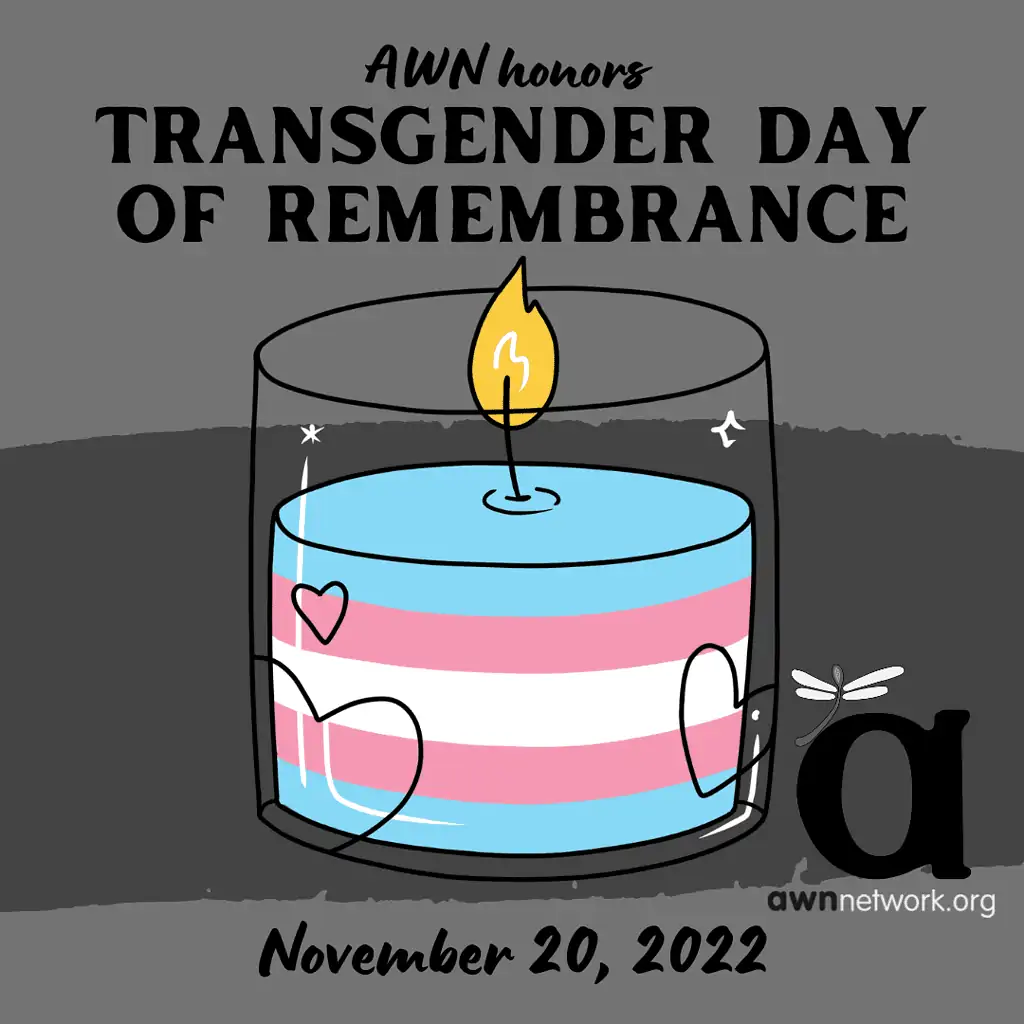 Text and illustration against a shaded grey background. Black text reads: “AWN Honors TRANSGENDER DAY OF REMEMBRANCE November 20, 2022” At center is a drawing of a clear candle holder that holds a lit candle in pink and blue (the colors of the trans pride flag). In the lower right corner is the logo for AWN: a large black “a” with a white spoonie dragonfly on it, shown above our website: awnnetwork.org ] 12:10 [image description: Text and illustration against a bright red background. Text reads: “JOIN AWN IN HONORING NATIONAL DAY OF MOURNING Thursday November 24, 2022” At center is a drawing of a bright white, yellow, purple, orange and black star shape against a white background. In a circle around the drawing are the words “ONE LAND, ONE PEOPLE UNA TIERRA, UN PUEBLO” In the lower right hand corner is the awn logo: a large black “a” with a white spoonie dragonfly on it, shown above our website: awnnetwork.org