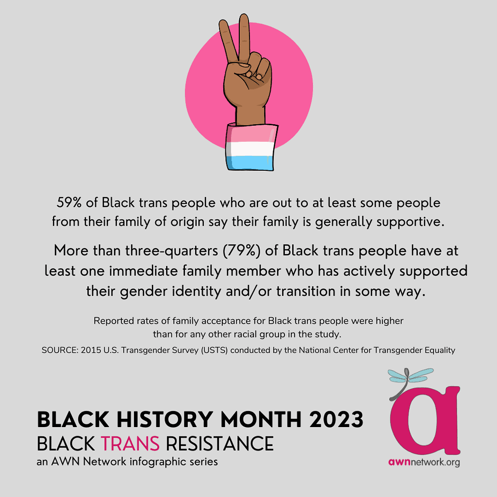 Illustration and text against a dark grey background
At top center is a bright pink circle with a stethoscope in it.
Dark grey text reads:
“Within the last year:
34% of Black trans people who saw a healthcare provider had a negative experience related to being transgender.
26% of Black trans people did not see a doctor when they needed to  because they feared they'd experience discrimination.
40% of Black trans people did not see a doctor when they needed to because they could not afford to.”
At bottom in dark grey reads:
“Black History Month 2023
Black Trans Resistance
An AWN Network infographic series. “
In the lower right hand corner is the awn logo: a large pink “a” with a teal spoonie dragonfly and our website awnnetwork.org.