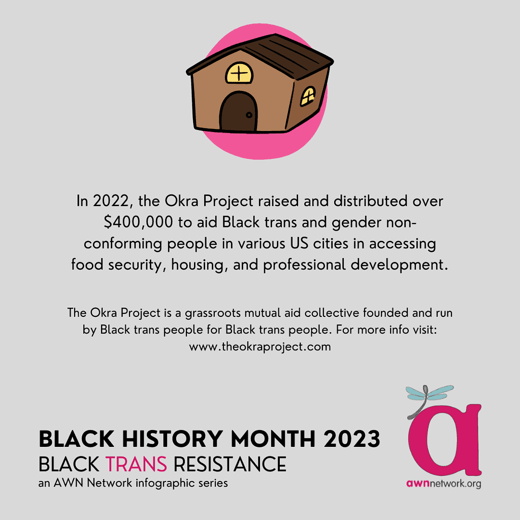 llustration and text against a pale grey background
At top center is drawing of a pink circle around a light brown house with a dark brown door in front.
At center, text reads:
“In 2022, the Okra Project raised and distributed over $400,000 to aid Black trans and gender non-conforming people in various US cities in accessing food security, housing, and professional development.
The Okra Project is a grassroots mutual aid collective founded and run by Black trans people for Black trans people.
For more info visit: http://www.theokraproject.com “
At the bottom in dark grey and bright pink text reads:
“Black History Month 2023
Black Trans Resistance
An AWN Network infographic series”
In the lower right hand corner is the awn logo
