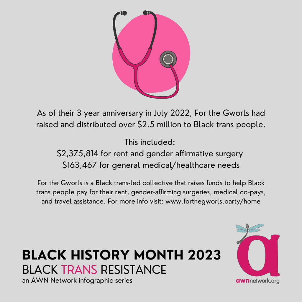 Illustration and text against a pale grey background
At top center is drawing of a pink circle around a red and grey stethoscope.
Dark grey text reads:
“As of their 3 year anniversary in July 2022, For the Gworls had
raised and distributed over $2.5 million to Black trans people.
This included:
$2,375,814 for rent and gender affirmative surgery
$163,467 for general medical/healthcare needs
For the Gworls is a Black trans-led collective that raises funds to help Black trans people pay for their rent, gender-affirming surgeries, medical co-pays, and travel assistance.
For more info visit: http://www.forthegworls.party/home “
At the bottom in dark grey and bright pink text reads:
“Black History Month 2023
Black Trans Resistance
An AWN Network infographic series”
In the lower right hand corner is the awn logo: a large pink “a” with a teal spoonie dragonfly and our website awnnetwork.org. 