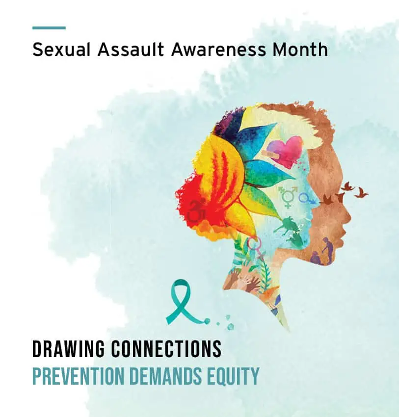 Sexual Assault Awareness Month graphic. Drawing Connections, Prevention Demands Equity. Image of woman of color's face with a collage of symbols including a flower, the The International Symbol of Access (a wheelchair user), a trans pride symbol, a woman symbol, a man symbol, and upraised hands with different skin colors. There's also a teal Sexual Assault Awareness ribbon.
