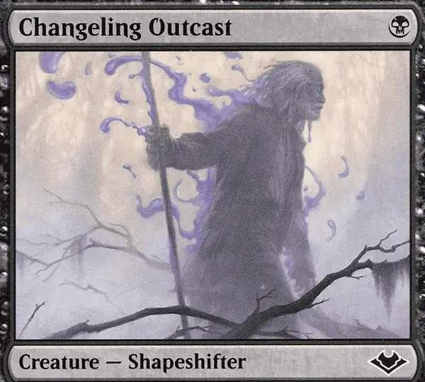 image of a changeling hiking in the woods. words read "Changeling Outcast: Creature - Shapeshifter"