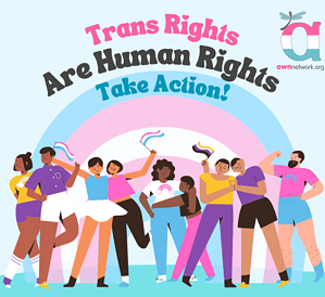 Illustration of a large blue, pink and white rainbow against a pale grey background. Across the top of rainbow in pink, blue and black text it reads: Trans Rights Are Human Rights Take Action! In front of the rainbow are drawings of 9 people in brightly colored clothes alternately cheering with the trans and Nonbinary pride flags, waving their hands in the air, flexing their arm, and hugging. In the top right corner is the AWN logo: a large pink, white, and blue “a” with our website awnnetwork.org