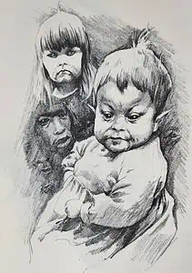 3 black and white sketches of children with goblin-like features