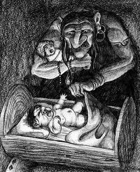 Black and white illustration of a troll woman stealing a baby from a crib and replacing it with a troll baby