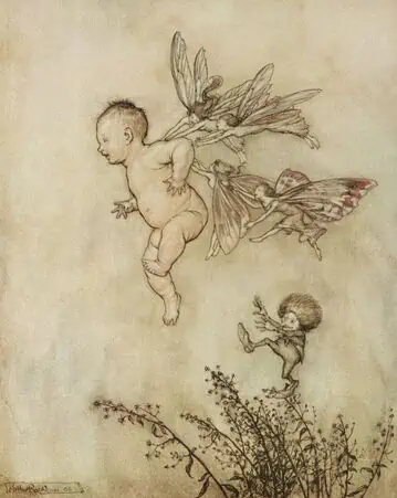 illustration of fairy pixies kidnapping a baby