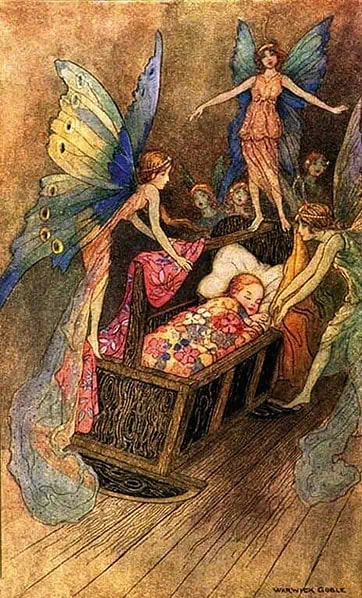 Colorful pixie faeries putting a baby to bed in a crib covered by a multicolor blanket