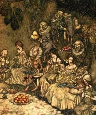 illustration of a feast with women wearing fancy court dresses being waited on by elven men serving food