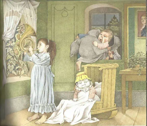 a young girl plays a horn as her baby brother is kidnapped by a black-cloaked goblin. Her brother's crib has a changeling baby in his place under a blanket