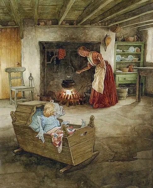 illustration of a woman boiling a pot over a stove with s goblin-like changeling in a crib staring at her