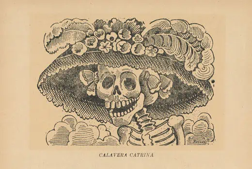 Original Calavera Catrina black and white political cartoon: a skeletal woman wearing a fancy wide-brimmed hat topped with feathers and flowers, with large earrings.