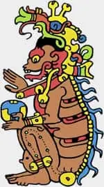 One of the Maya death gods, Ah Puch depicted in a traditional style with bright neon spine and headdress