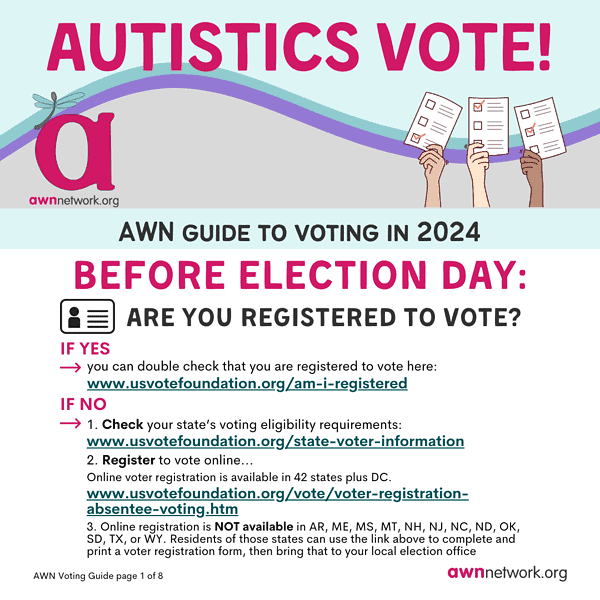 Autistics Vote! AWN guide to voting in 2024 - BEFORE ELECTION DAY: ARE YOU REGISTERED TO VOTE? IF YES, you can double check that you are registered to vote here: https://www.usvotefoundation.org/am-i-registered, IF NO, 1. Check your state's voting eligibility requirements: https://www.usvotefoundation.org/state-voter-information 2. Register to vote online... Online voter registration is available in 42 states plus DC. https://www.usvotefoundation.org/vote/voter-registration-absentee-voting.htm 3. Online registration is NOT available in AP, ME, MS, MT, NH, NJ, NC, ND, OK, SD, TX, or WY. Residents of those states can use the link above to complete and print a voter registration form, then bring that to your local election office.